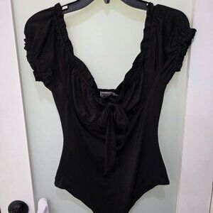 Princess Polly Women’s Black Puff Sleeve Bodysuit – Size 6 – Tie Front One Piece